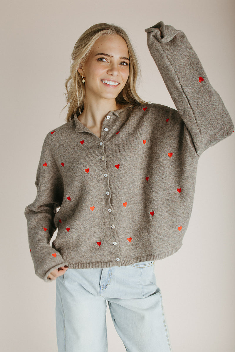 The Riggs Heart Embroidered Button-Down Sweater in Mocha + Red