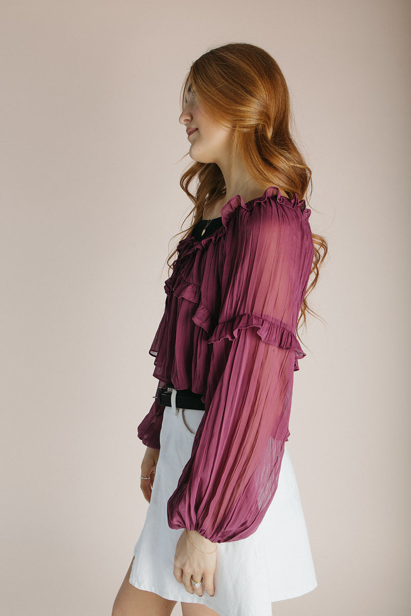The Shalane Ruffled Scoop Neck Blouse in Dark Rose