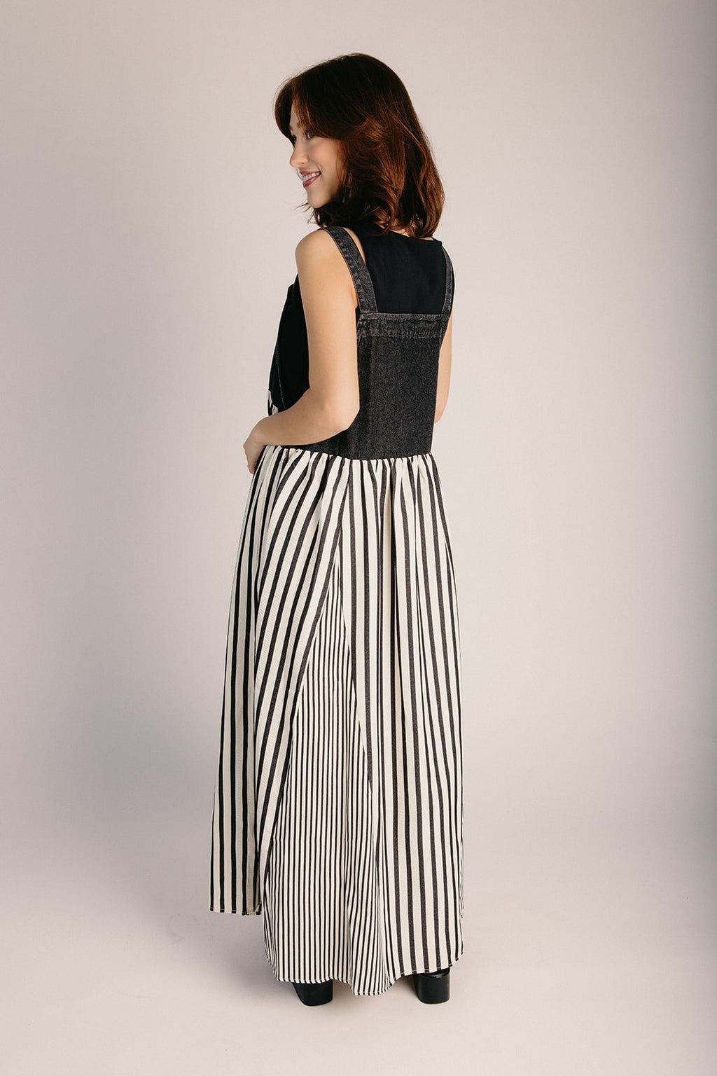 The Hellen Denim Overall Dress in Washed Black Small