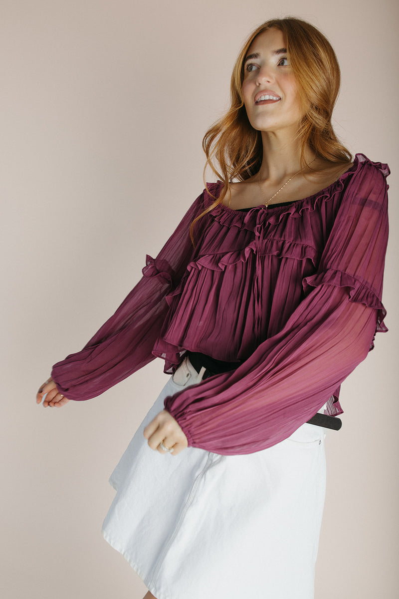 The Shalane Ruffled Scoop Neck Blouse in Dark Rose
