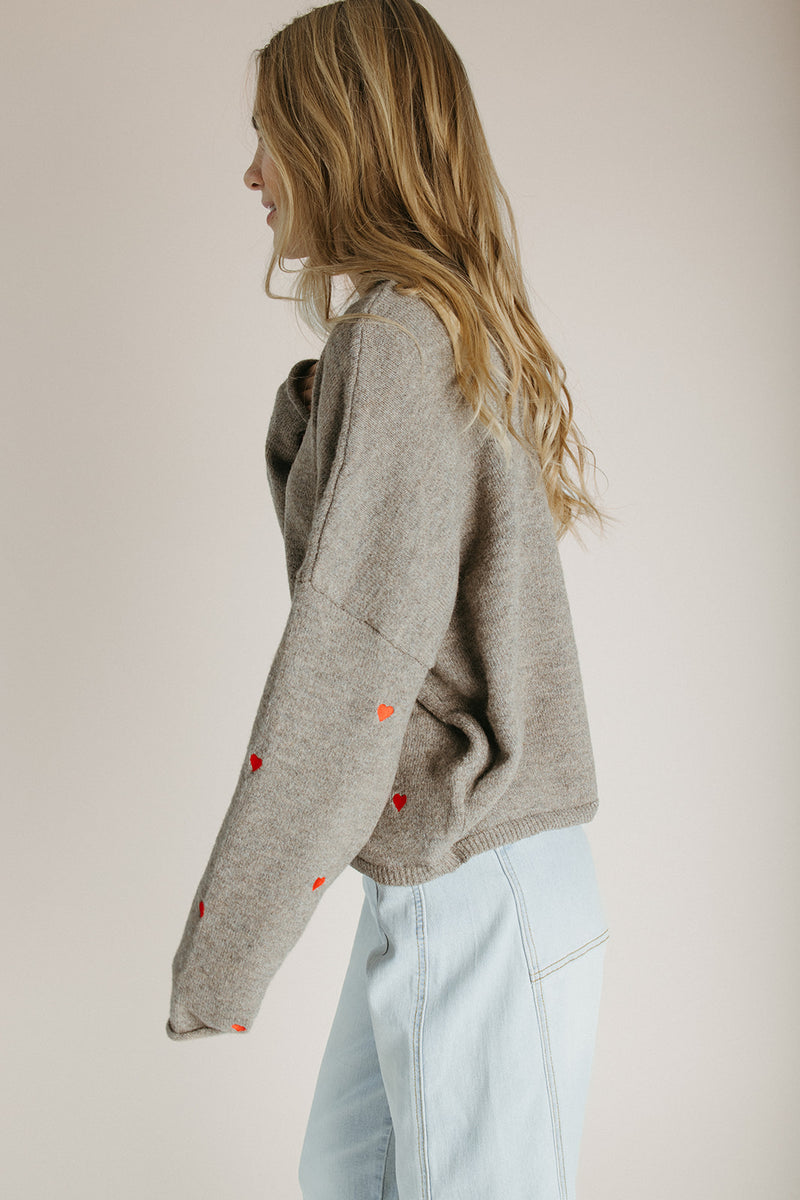 The Riggs Heart Embroidered Button-Down Sweater in Mocha + Red