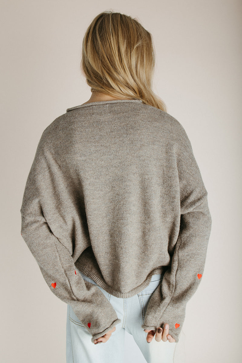 The Riggs Heart Embroidered Button-Down Sweater in Mocha + Red