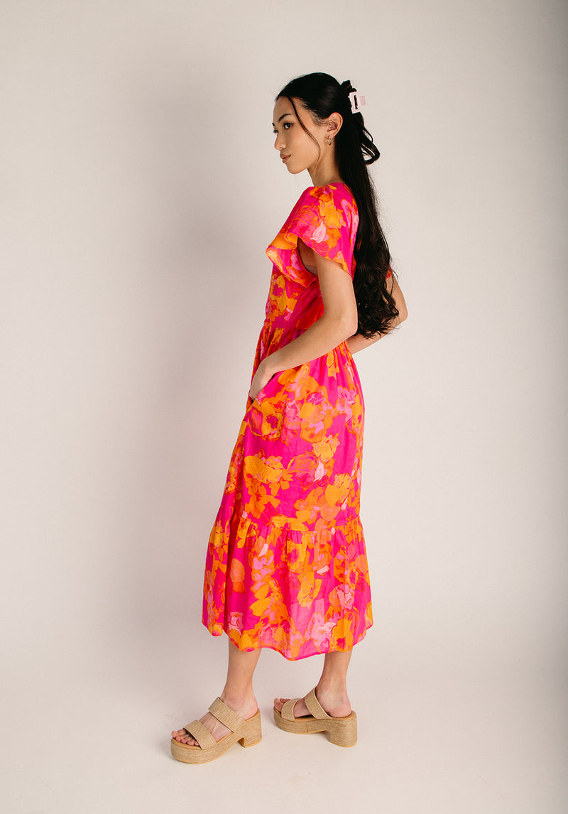 orange and fuchsia dress The Elaris Floral Button-Up Midi Dress in Fuchsia + Orange Multi Medium