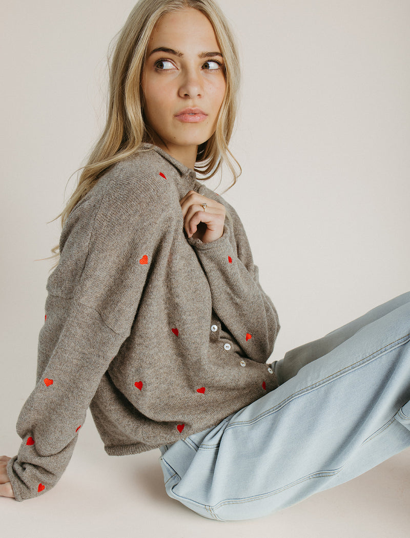 The Riggs Heart Embroidered Button-Down Sweater in Mocha + Red