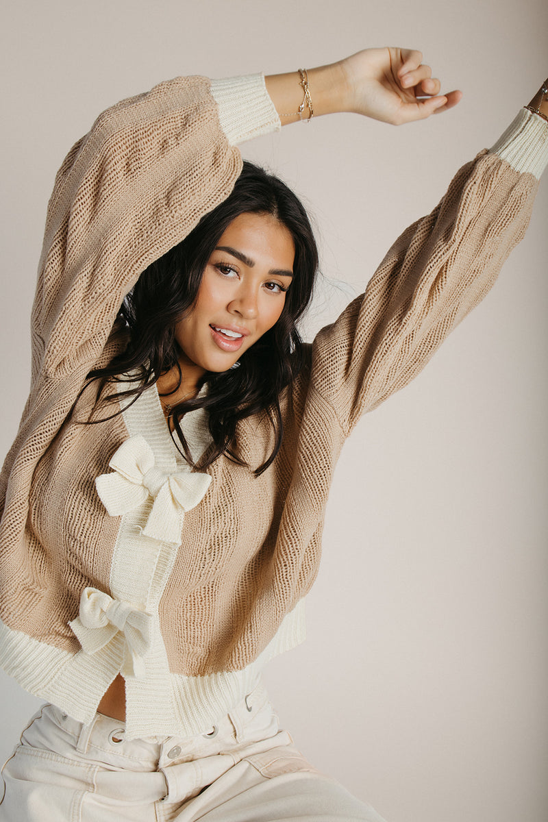 The Winquist Knit Bow Detail Cardigan in Mocha