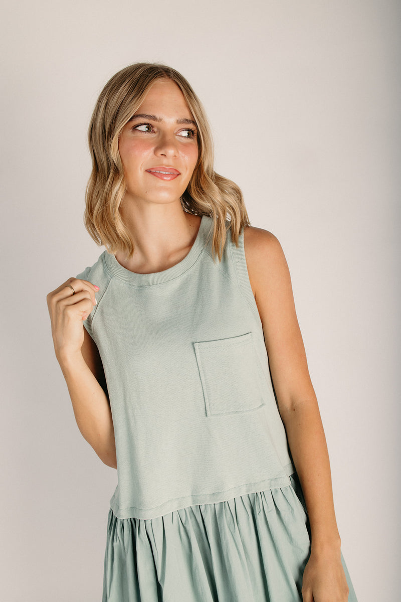 The Becky Bubble Hem Midi Dress in Light Sage Medium