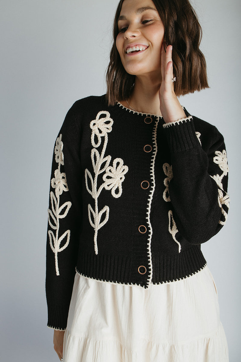 The Edgereton Floral Embroidered Cardigan in Black