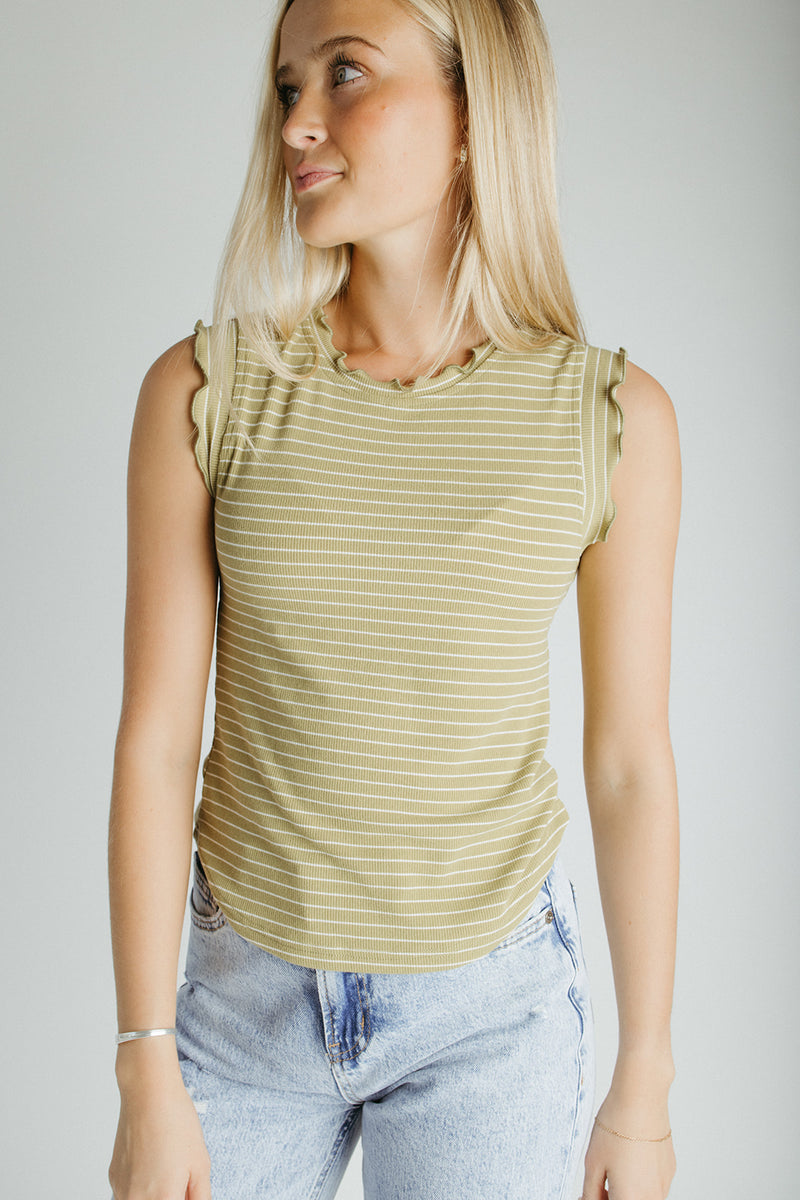 The Gianni Striped Ruffle Tank in Avocado