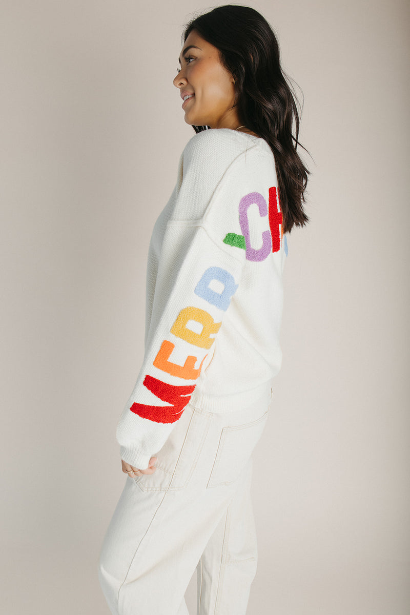 The Merry Christmas Patchwork Cardigan in Cream