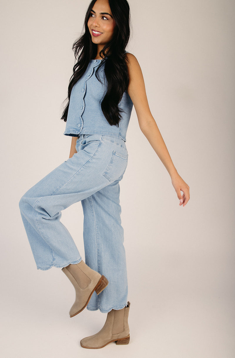 The Craven Scalloped Edge Top + Pant Set in Light Denim – Piper