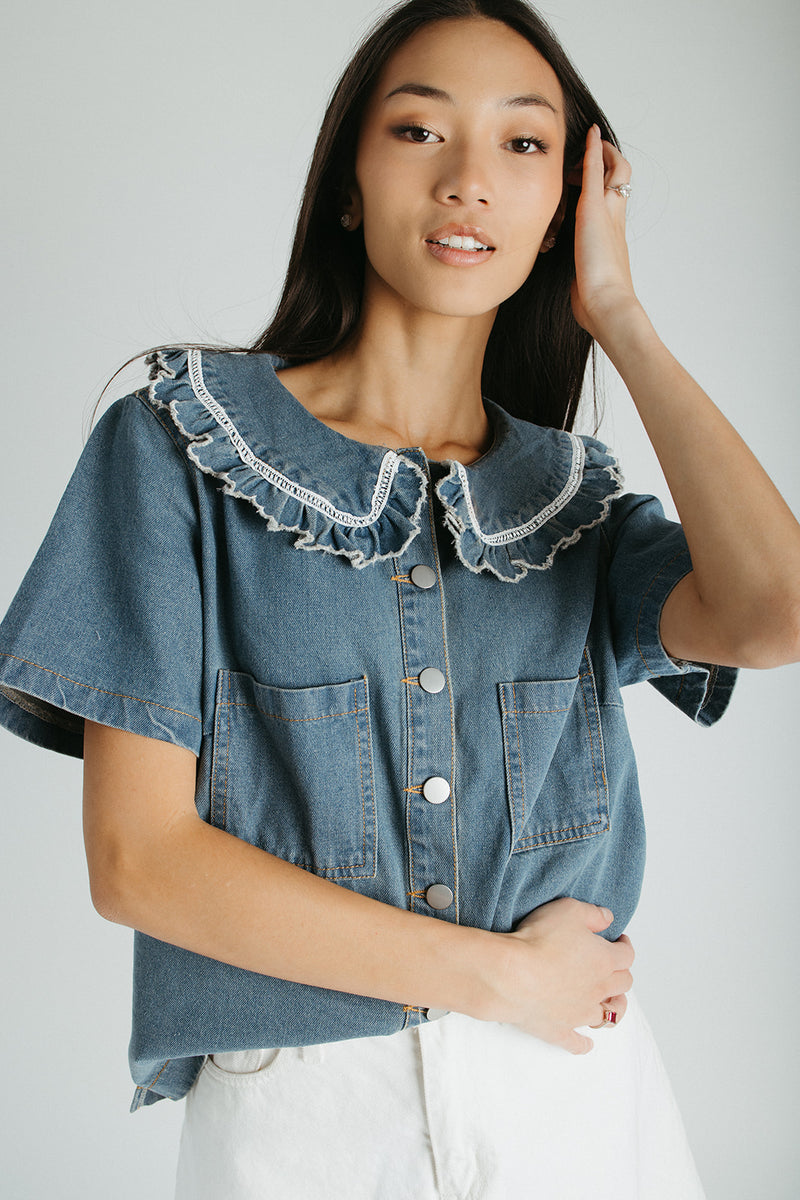 The Marasol Ruffle Collared Blouse in Denim