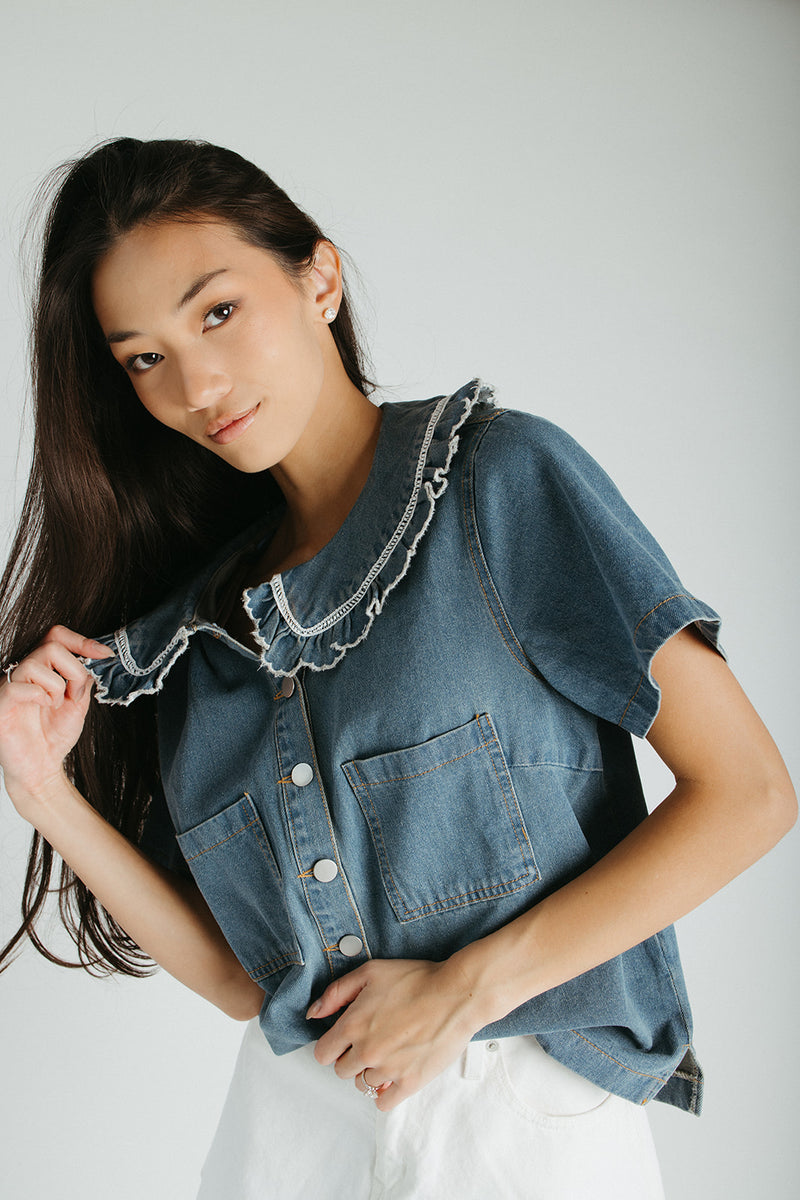The Marasol Ruffle Collared Blouse in Denim