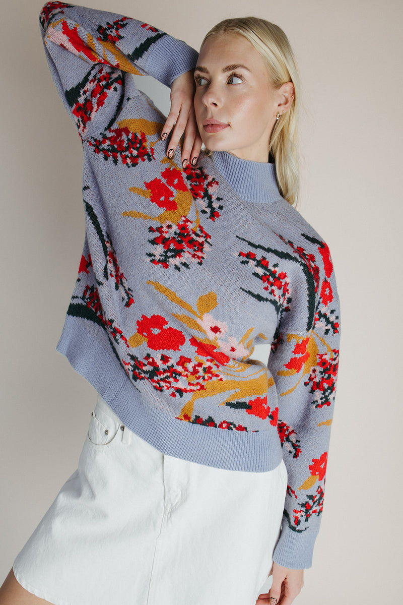 The Donello Floral Mock Neck Sweater in Light Blue