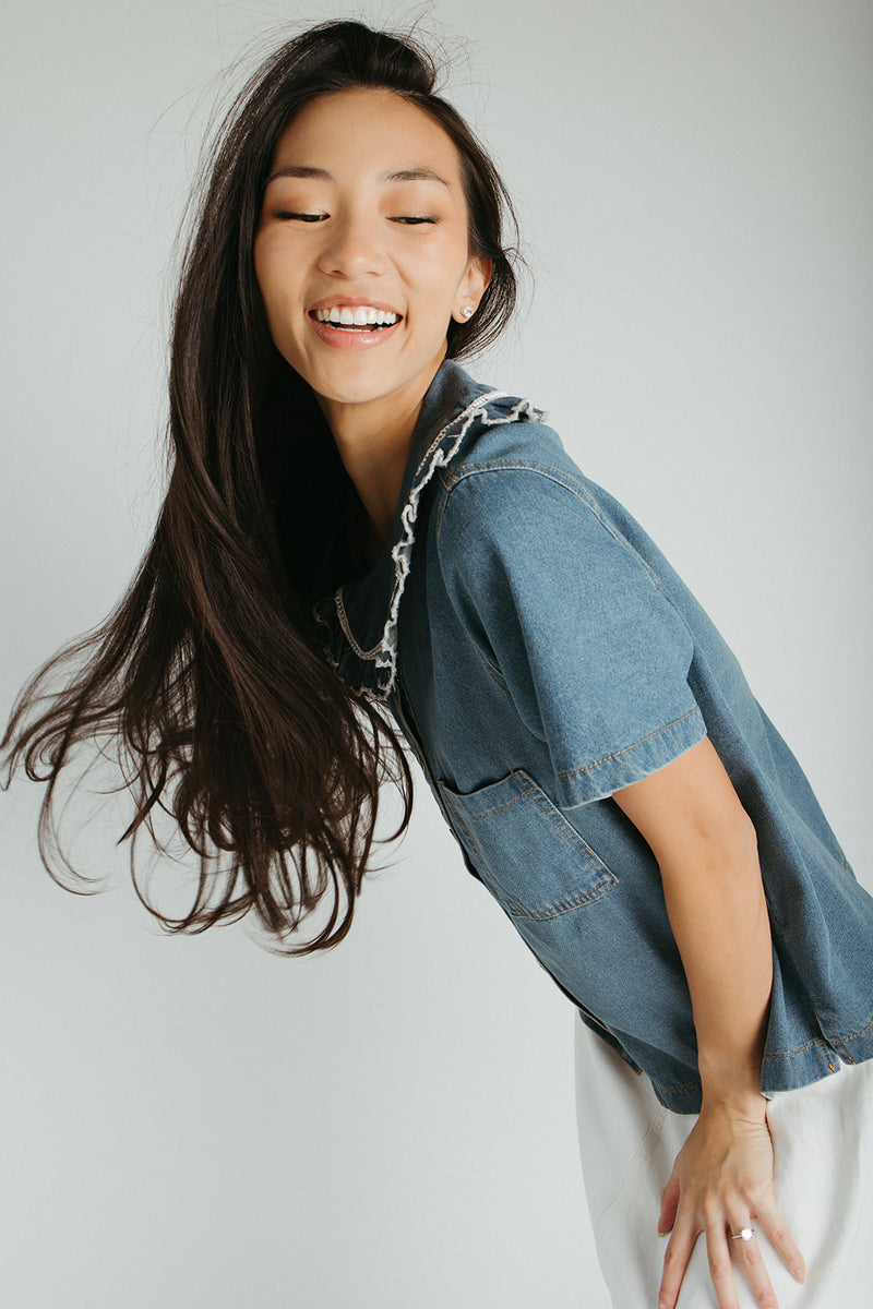 The Marasol Ruffle Collared Blouse in Denim