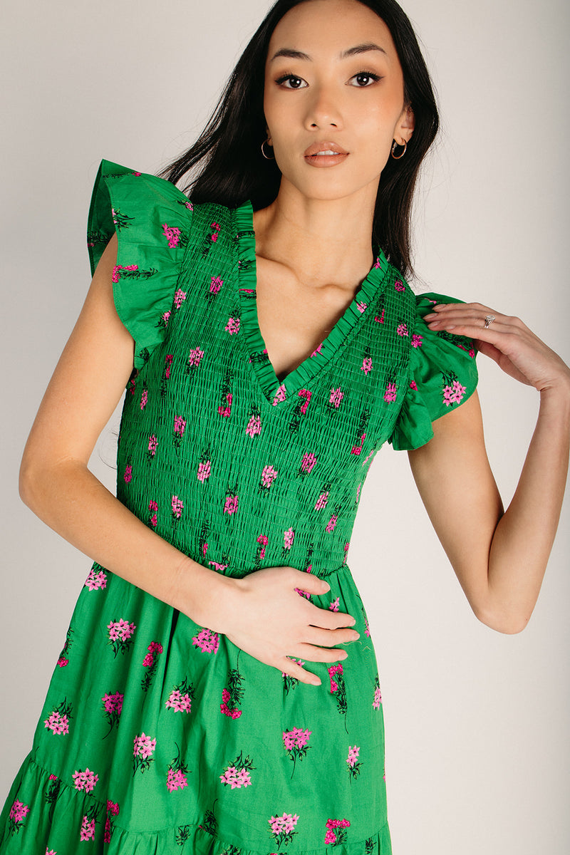 The Vivy Floral Tiered Midi Dress in Kelly Green + Pink Piper & Scoot The Vivy Floral Tiered Midi Dress in Kelly Green + Pink Piper & Scoot