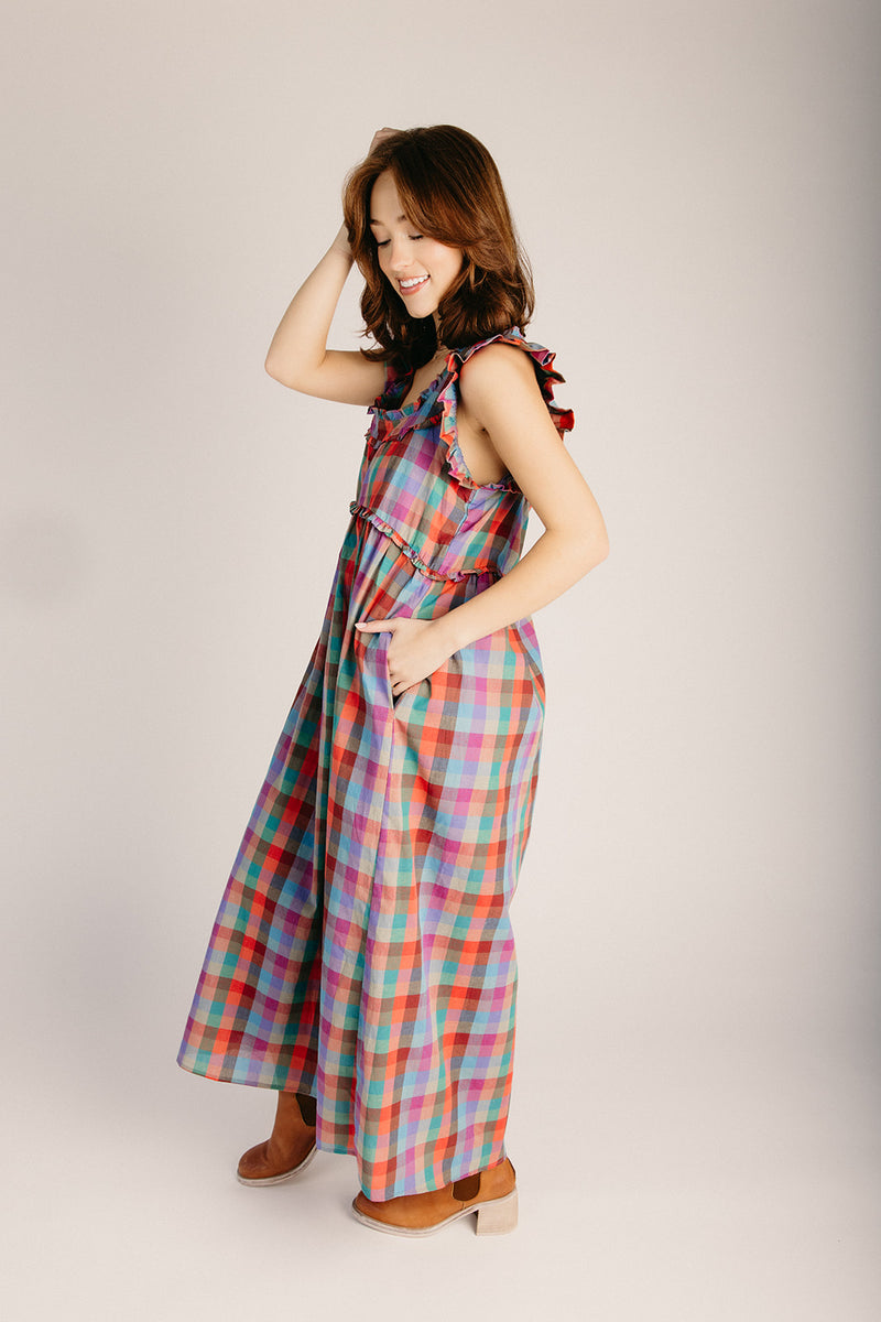 The Kimmy Ruffle Detail Midi Dress in Plaid Multi Piper & Scoot The Kimmy Ruffle Detail Midi Dress in Plaid Multi Piper & Scoot