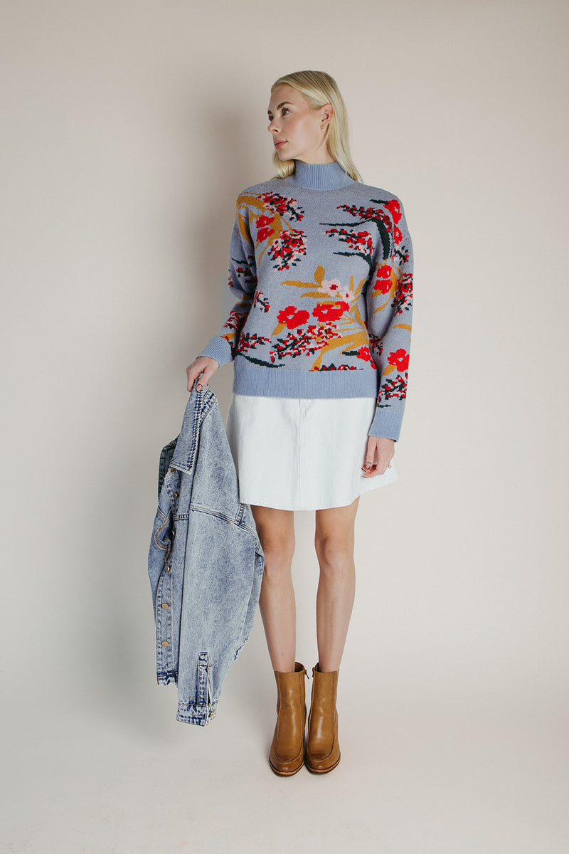 The Donello Floral Mock Neck Sweater in Light Blue