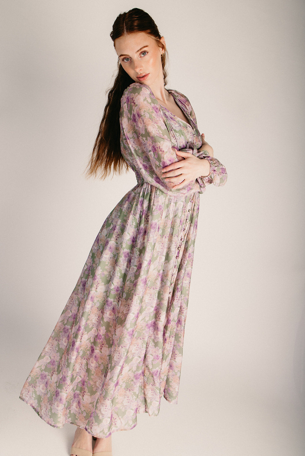 The Tiller Floral Smocked Maxi Dress in Eucalyptus Large