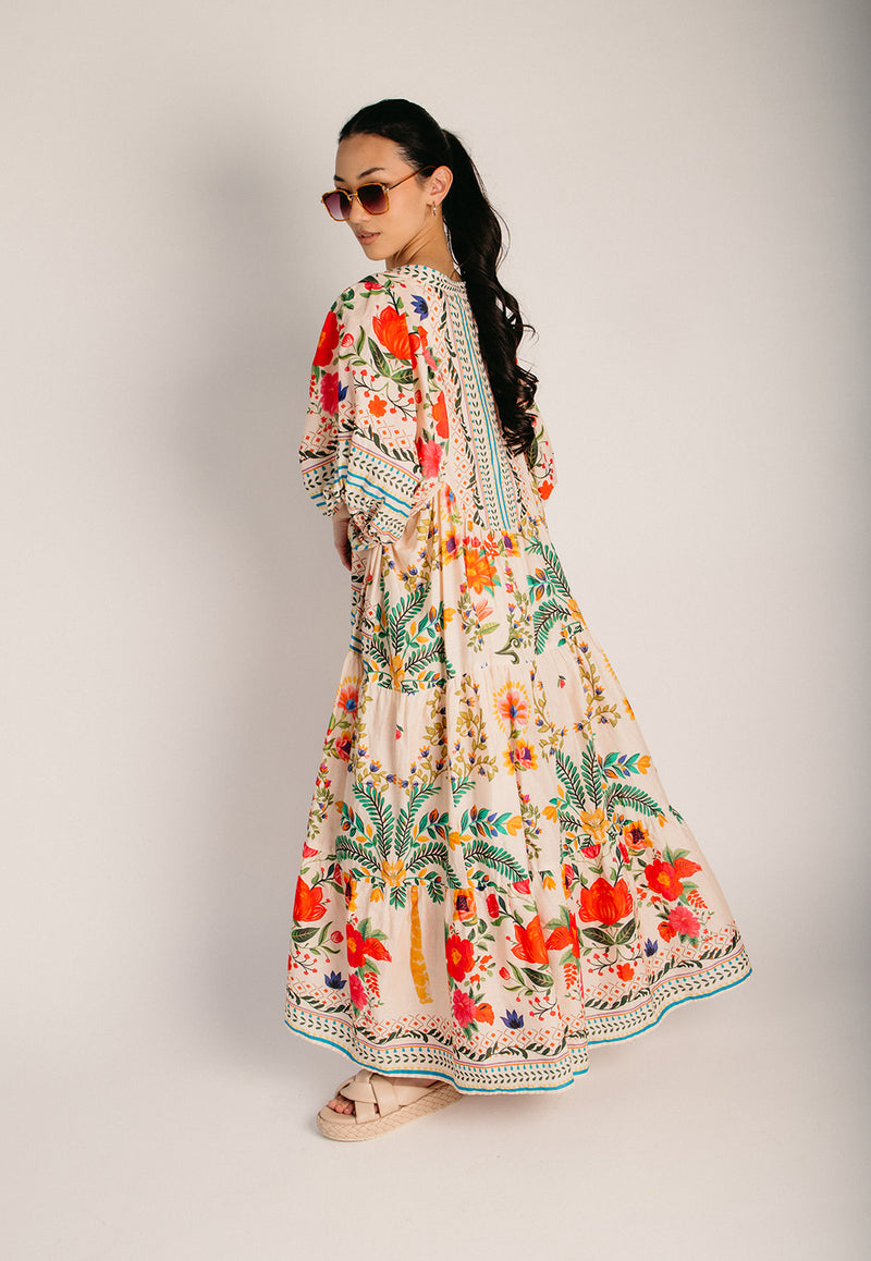 floral cotton maxi dress The Sorano Floral Button-Up Maxi Dress in Natural Multi (SHIPS MID JULY) M/L