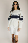 The Monarch Ribbed Sweater in Cream + Navy Stripe