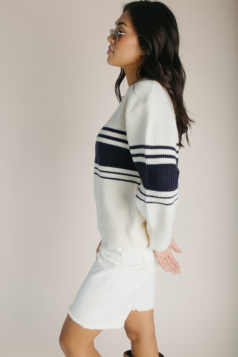 The Monarch Ribbed Sweater in Cream + Navy Stripe