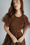 The Mazie Smocked Bodice Midi Dress in Brown