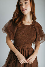 The Mazie Smocked Bodice Midi Dress in Brown