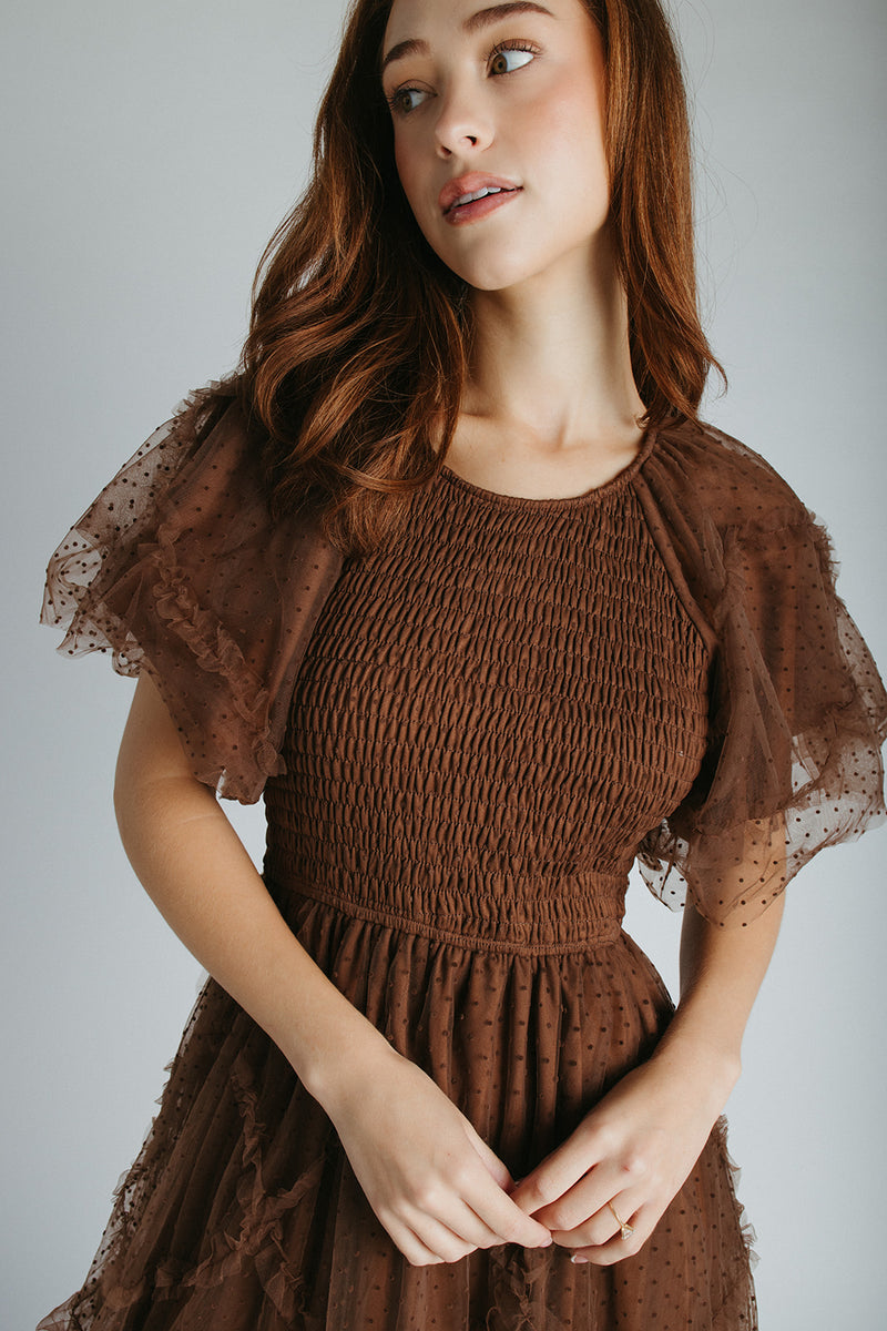 The Mazie Smocked Bodice Midi Dress in Brown