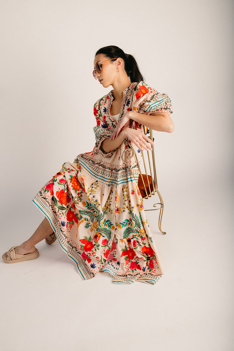 button front maxi dress The Sorano Floral Button-Up Maxi Dress in Natural Multi (SHIPS MID JULY) M/L