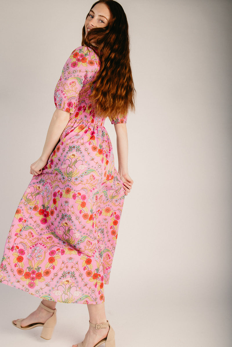 The Ramsie Smocked Floral Midi Dress in Cream + Pink X-Small