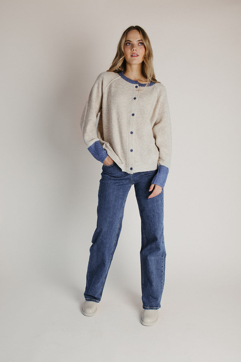 The Danner Ribbed Cardigan in Oatmeal + Denim Blue