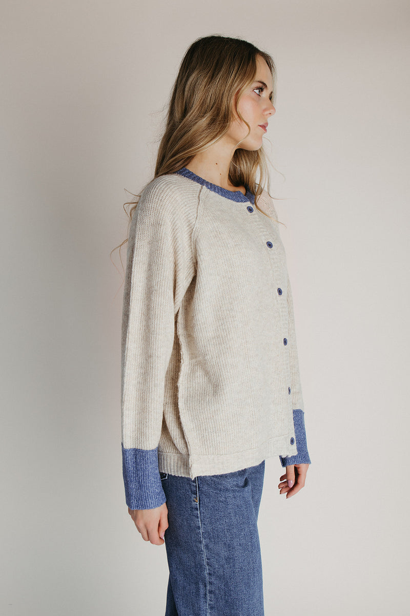 The Danner Ribbed Cardigan in Oatmeal + Denim Blue