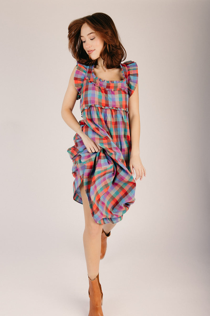 The Kimmy Ruffle Detail Midi Dress in Plaid Multi Piper & Scoot The Kimmy Ruffle Detail Midi Dress in Plaid Multi Piper & Scoot