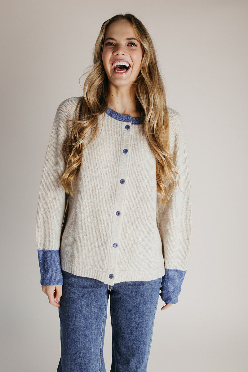 The Danner Ribbed Cardigan in Oatmeal + Denim Blue