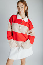 The Danielson Striped Polo Sweater in Taupe + Red