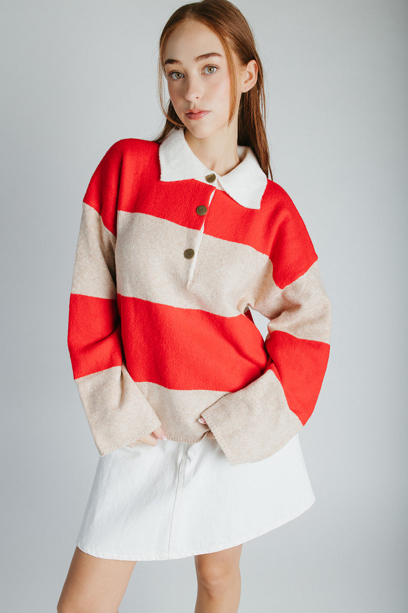 The Danielson Striped Polo Sweater in Taupe + Red