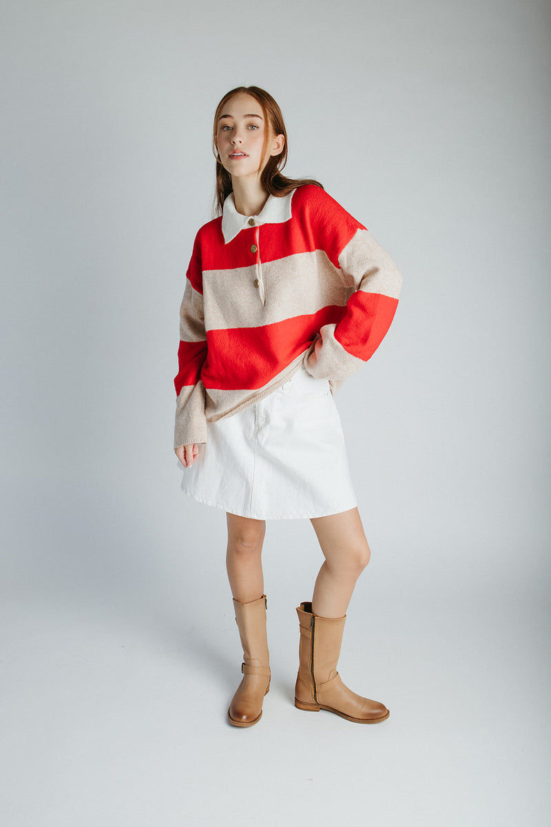 The Danielson Striped Polo Sweater in Taupe + Red