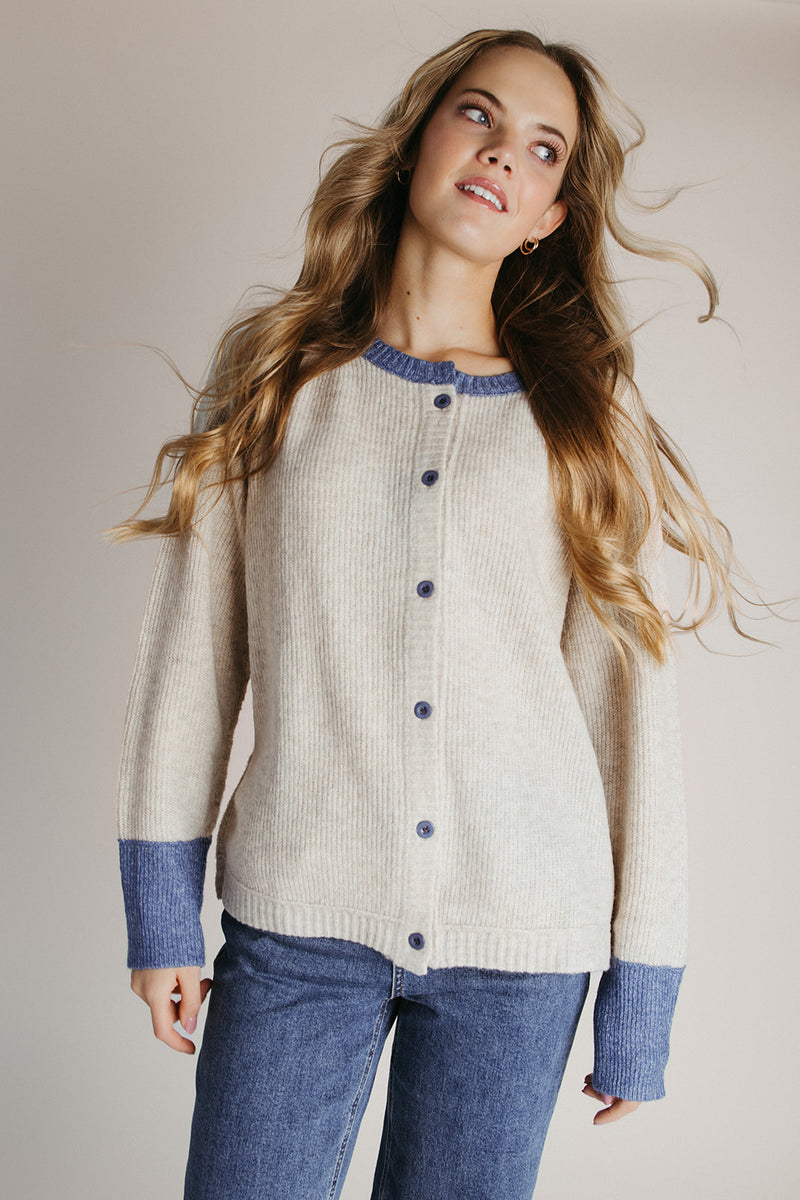 The Danner Ribbed Cardigan in Oatmeal + Denim Blue