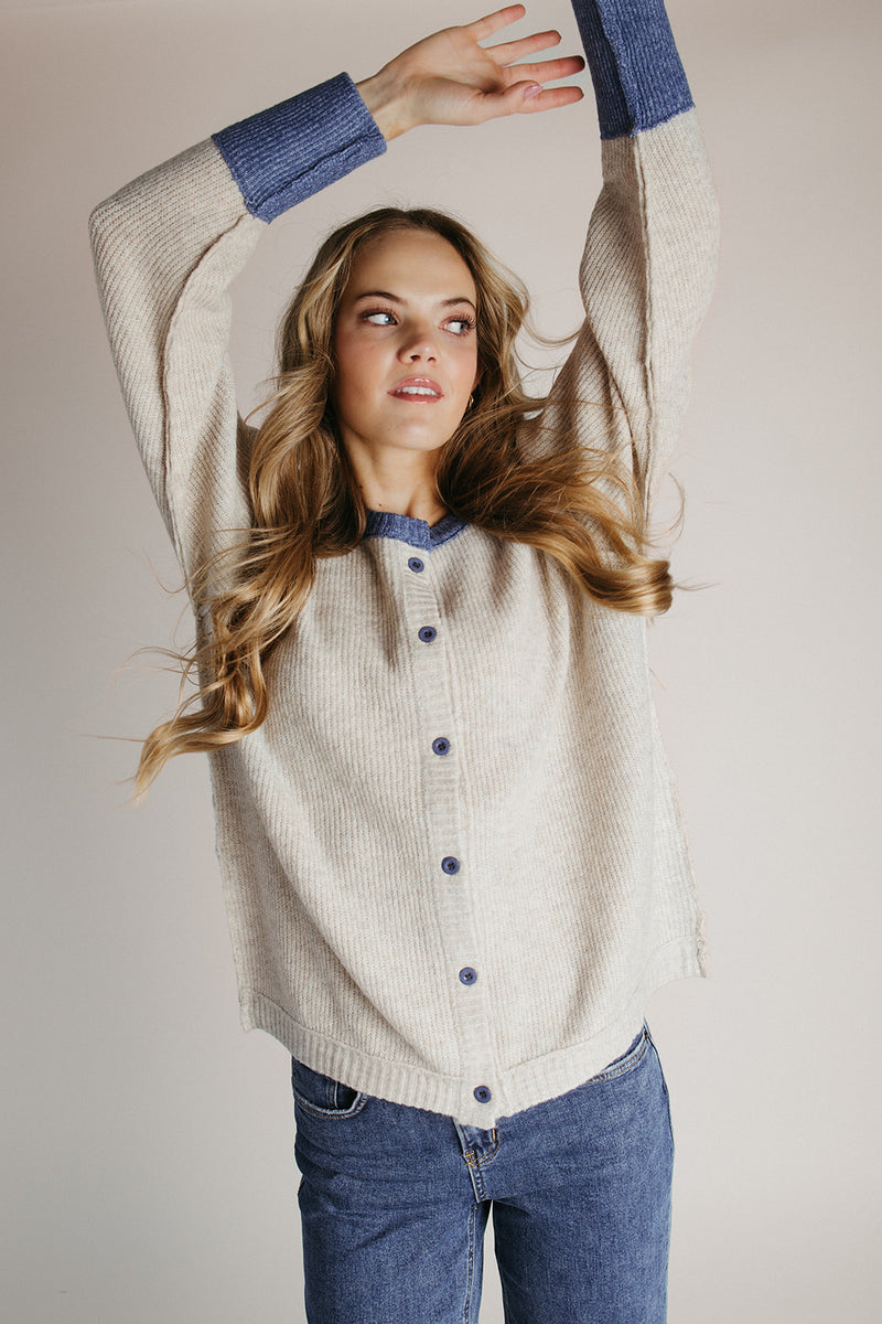 The Danner Ribbed Cardigan in Oatmeal + Denim Blue