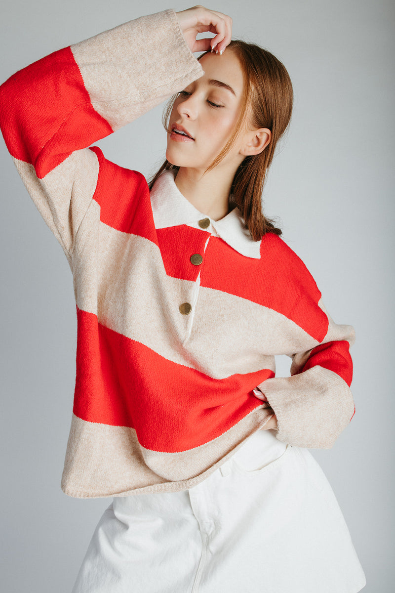 The Danielson Striped Polo Sweater in Taupe + Red