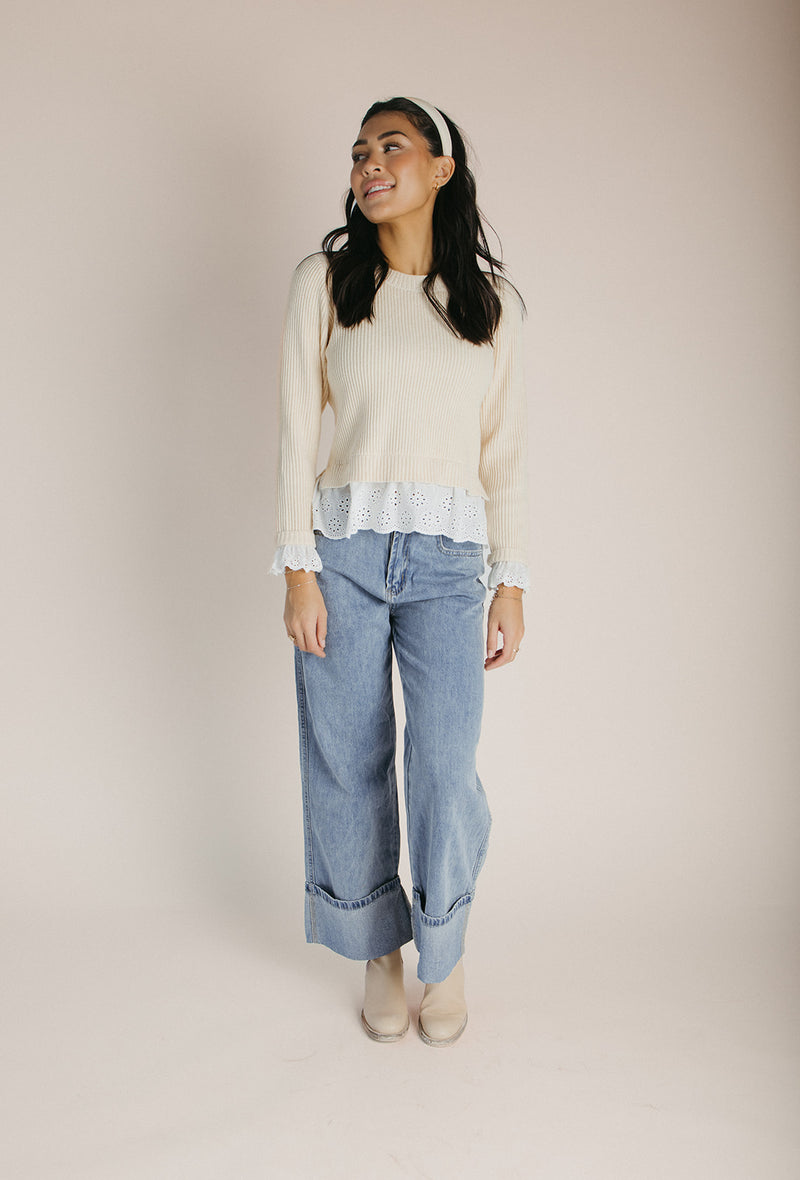 The Turner Lace Detail Sweater in Cream