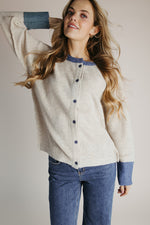 The Danner Ribbed Cardigan in Oatmeal + Denim Blue