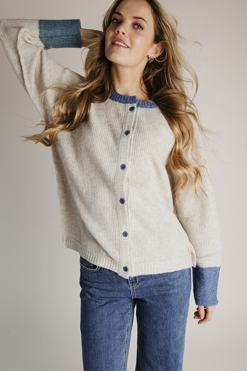 The Danner Ribbed Cardigan in Oatmeal + Denim Blue