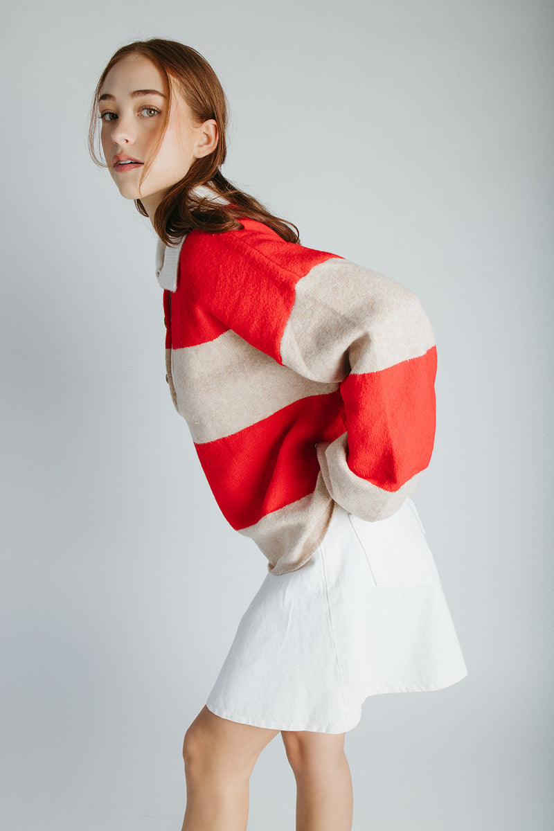 The Danielson Striped Polo Sweater in Taupe + Red