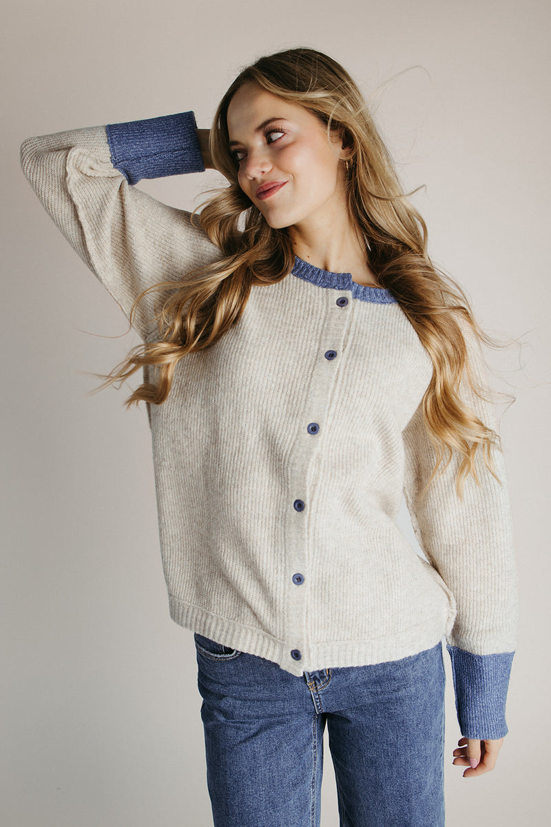 The Danner Ribbed Cardigan in Oatmeal + Denim Blue