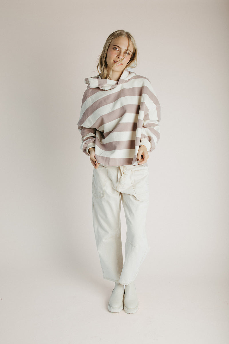 The Everly Striped Hoodie in Taupe + Cream
