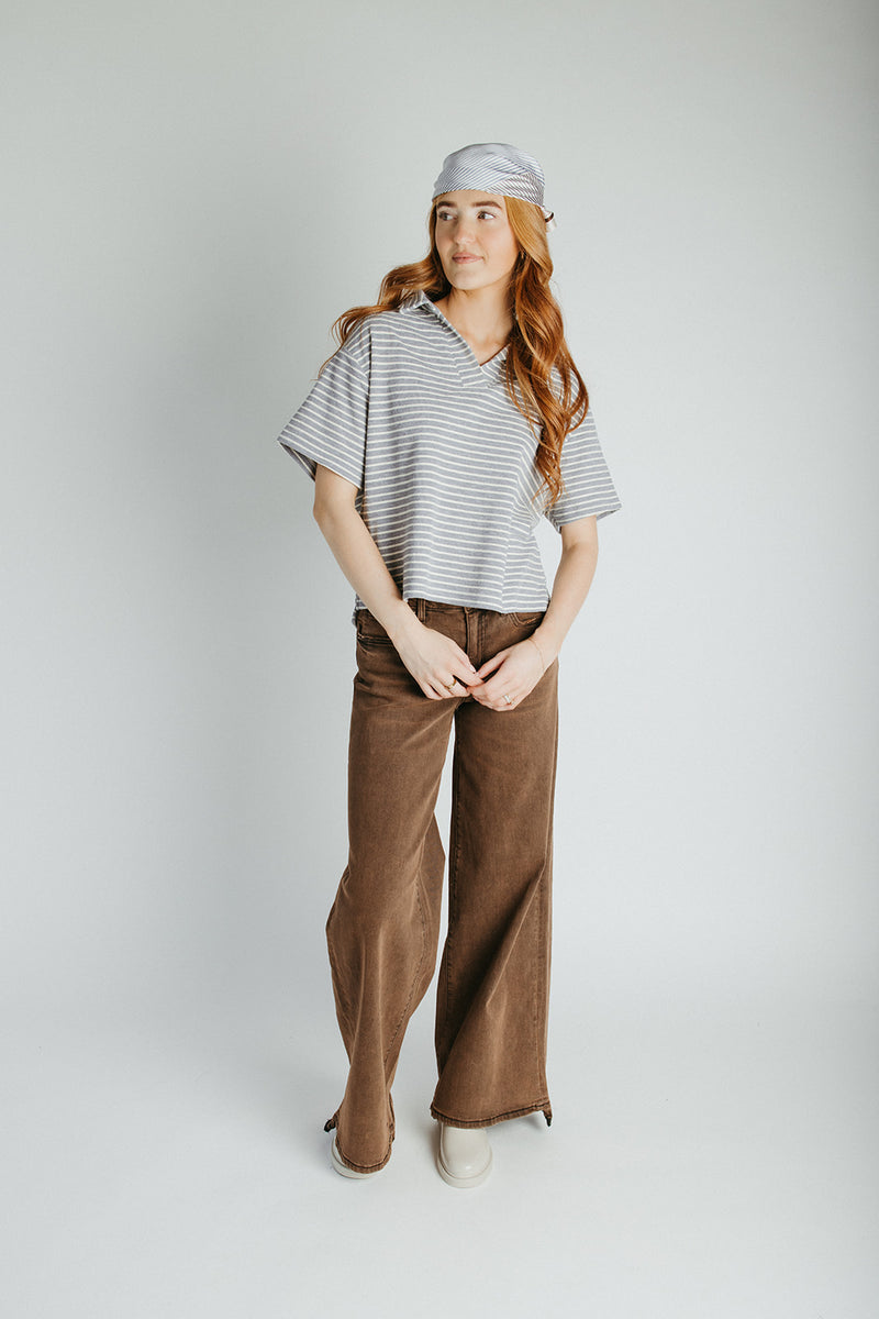 The Lando Collared Blouse In Grey + Cream Stripe
