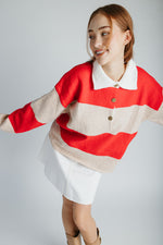 The Danielson Striped Polo Sweater in Taupe + Red