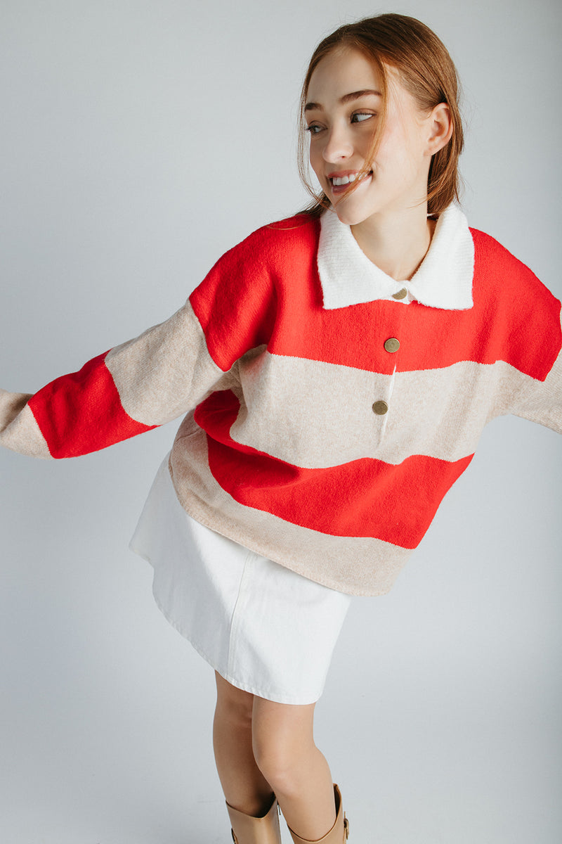 The Danielson Striped Polo Sweater in Taupe + Red