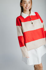 The Danielson Striped Polo Sweater in Taupe + Red